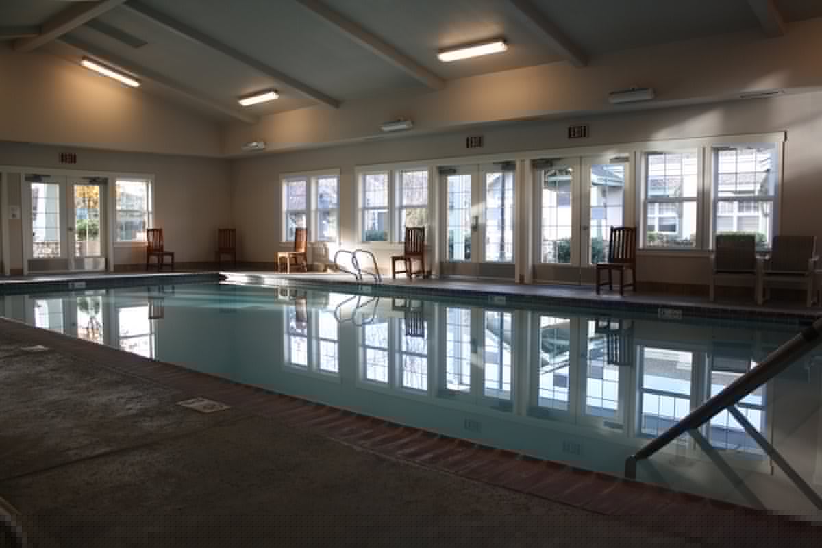 An indoor swimming pool featuring natural light from large windows and seating around the perimeter.