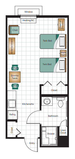 A floor plan featuring a room with twin beds, a kitchenette, closet, and bathroom.