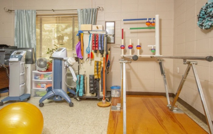 A physical therapy room equipped with various rehabilitation tools and exercise equipment.