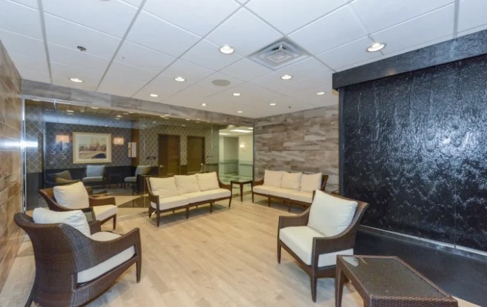 A modern lobby with comfortable seating and sleek design.
