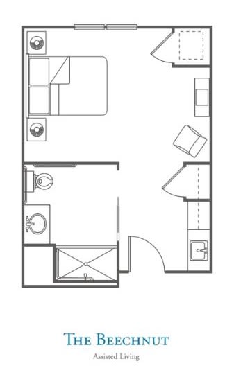 A studio apartment floor plan with a bathroom, kitchen area, and living/sleeping space.