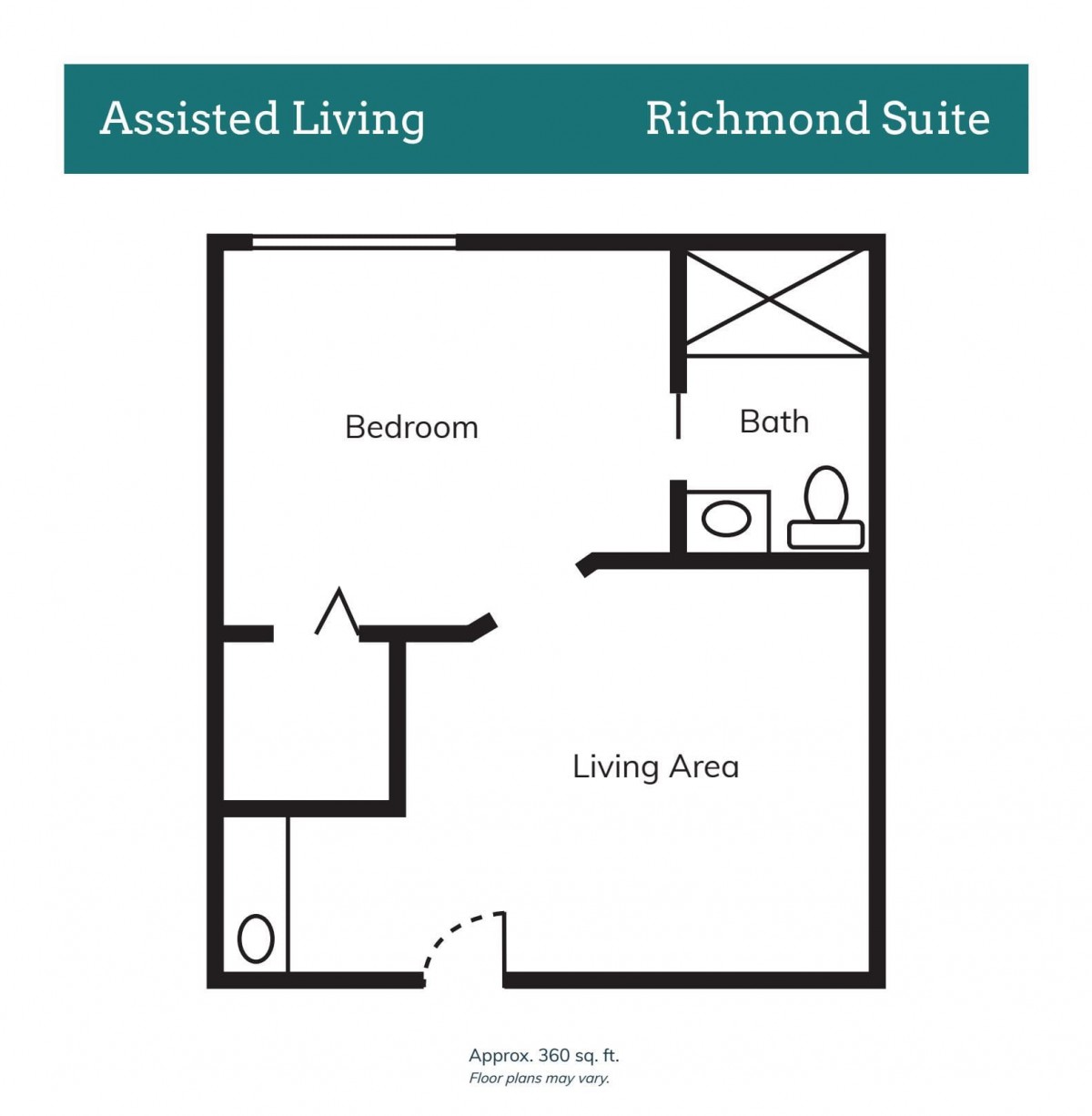 A floor plan of the Richmond Suite in an assisted living facility, featuring a bedroom, living area, and bathroom.