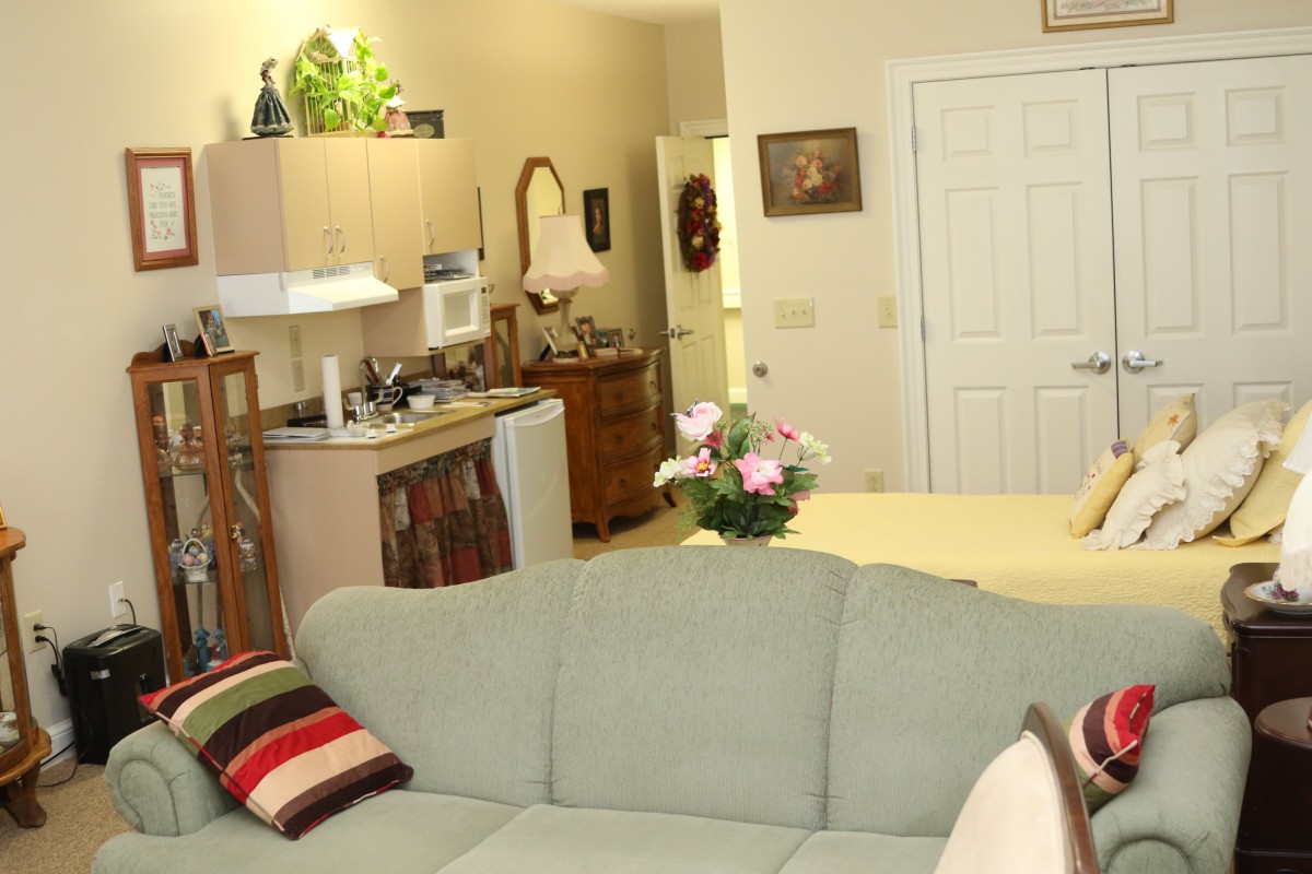 A cozy apartment living room with a view of the kitchen, featuring a sofa and a table centerpiece of flowers.