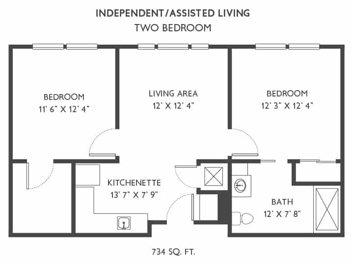Floor plan of a two-bedroom independent/assisted living apartment.