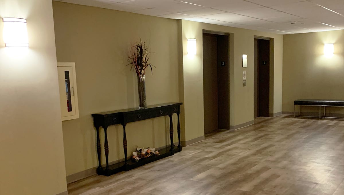 A neatly decorated hallway with elevators and a console table.