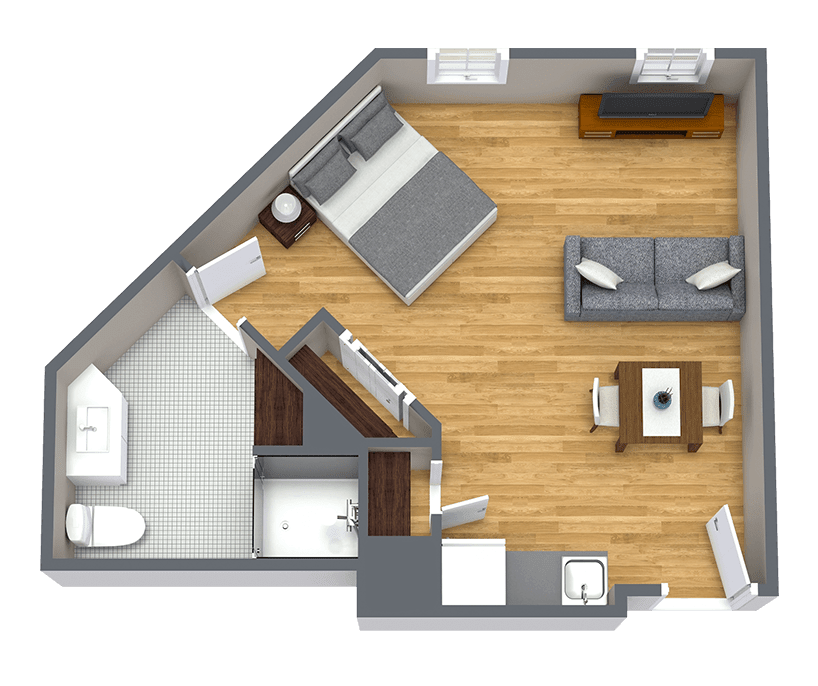 A 3D floor plan of a one-bedroom apartment featuring a living room, kitchen, bathroom, and bedroom.