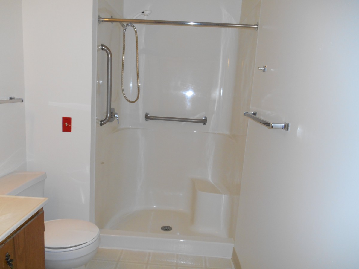 An accessible bathroom with a shower and grab bars for support.