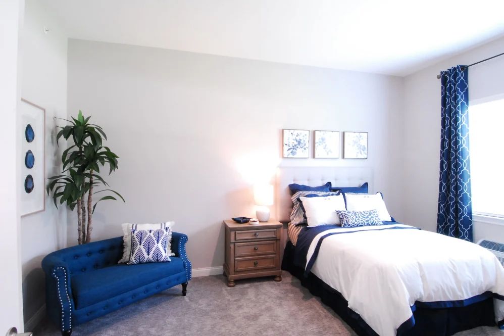 A modern and minimalist bedroom featuring a blue sofa, cozy bed, nightstand, and decorative indoor plant.