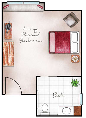 Studio apartment floor plan with a combined living and bedroom area, including a separate bathroom.