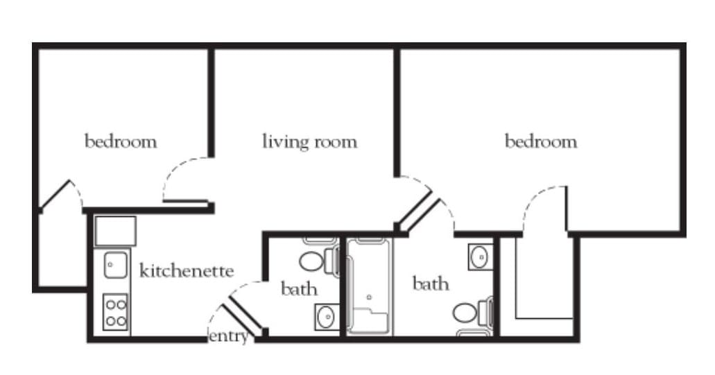 A simple floor plan displaying a kitchen, living room, two bathrooms, and a bedroom.