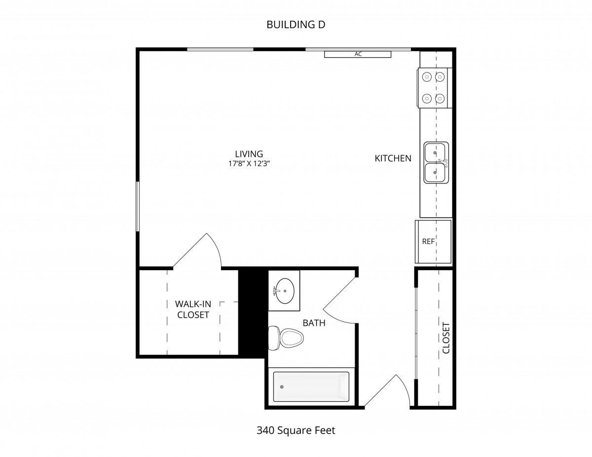 Floor plan of a studio apartment with kitchen and bathroom layout.