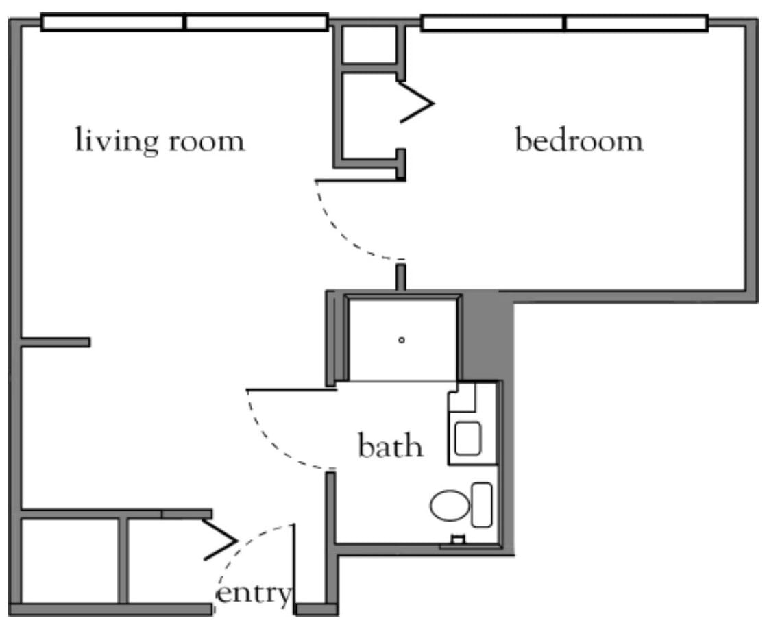 A simple floor plan showcasing an apartment layout with a living room, bedroom, and bathroom.