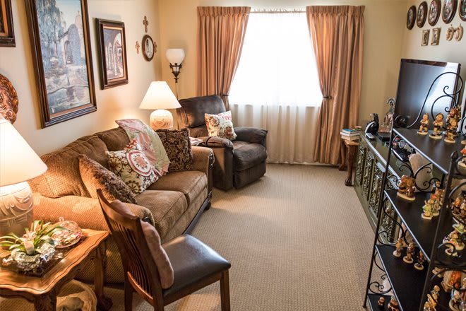 A cozy living room with a couch, armchair, and decorative elements.
