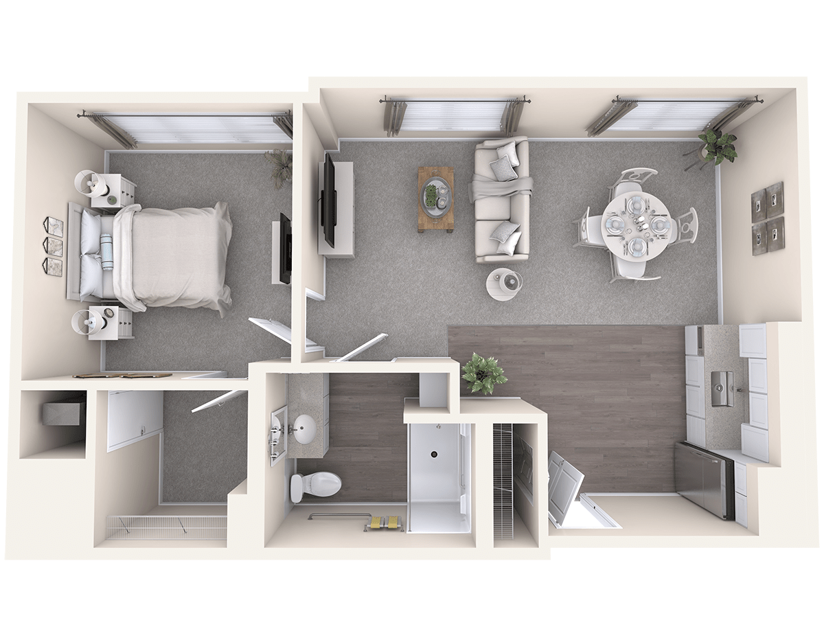 A modern one-bedroom apartment floor plan with a living room, kitchen, and bathroom.