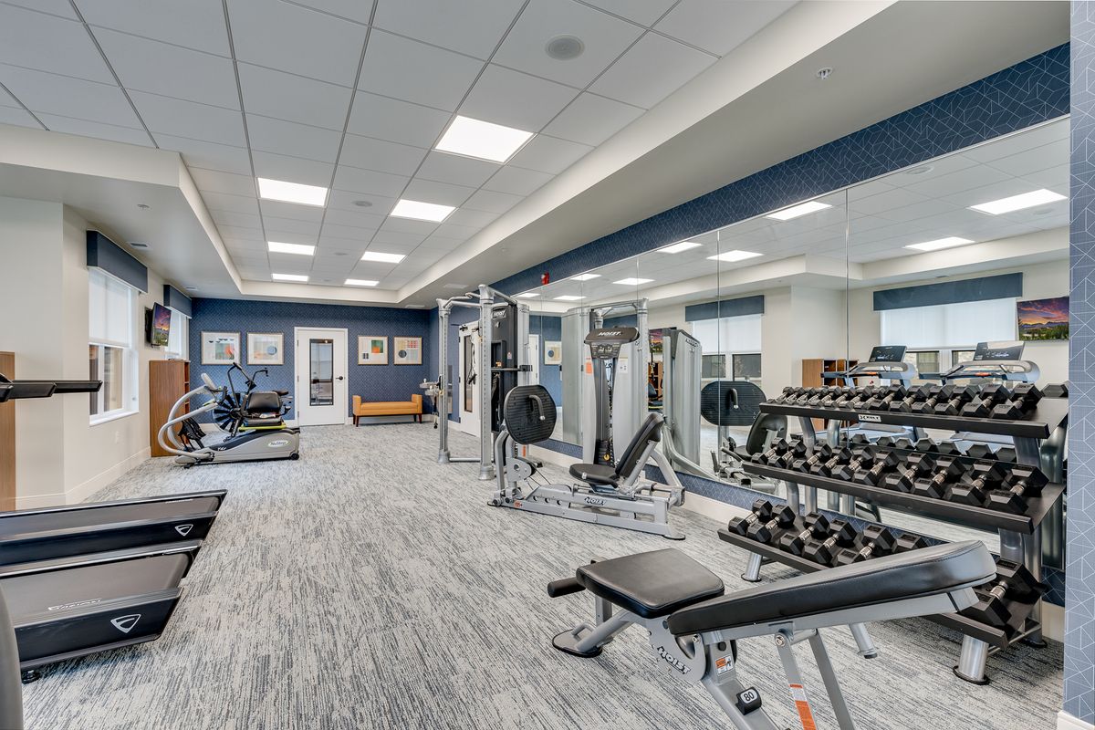A modern gym with various exercise equipment and free weights.