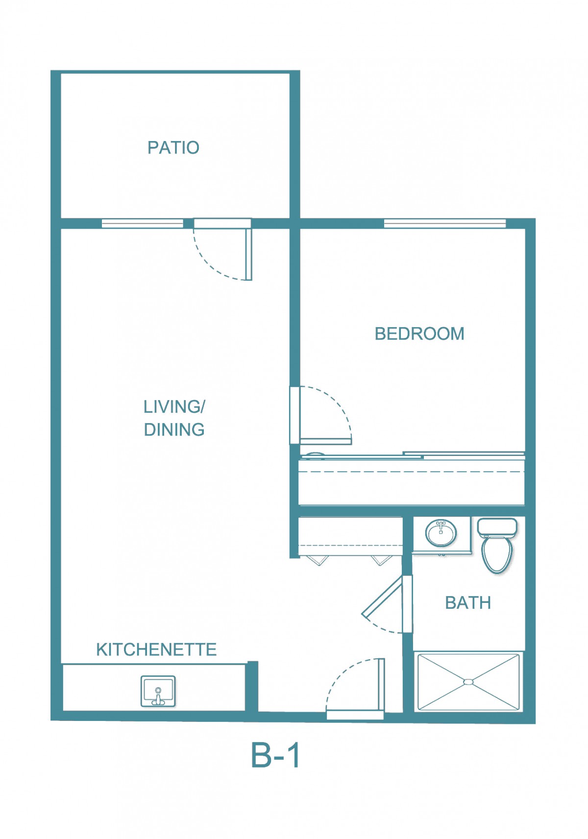 A floor plan of a one-bedroom apartment with a living/dining area, kitchenette, bathroom, and patio.