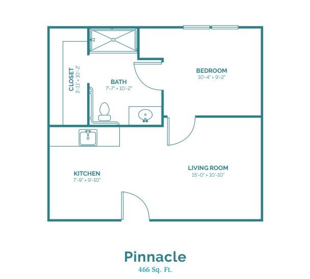 Floor plan of a Pinnacle apartment with designated areas for kitchen, living room, bedroom, and bathroom.
