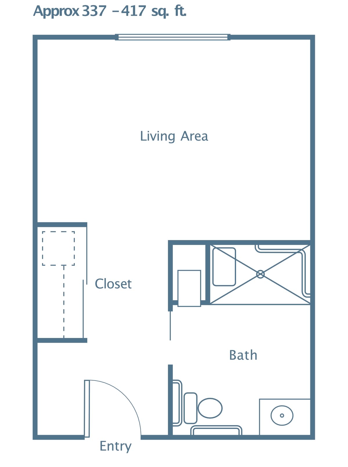 A floor plan of a studio apartment featuring a living area, closet, bathroom, and entryway.