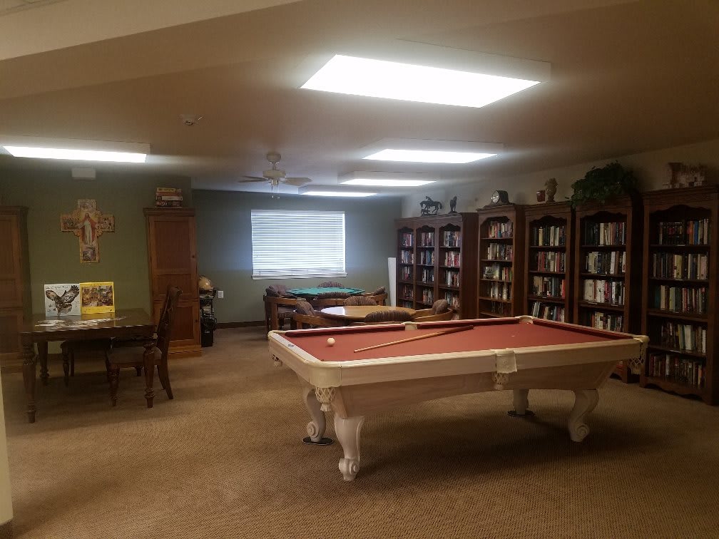 A cozy recreational room featuring a pool table and bookshelves filled with books.