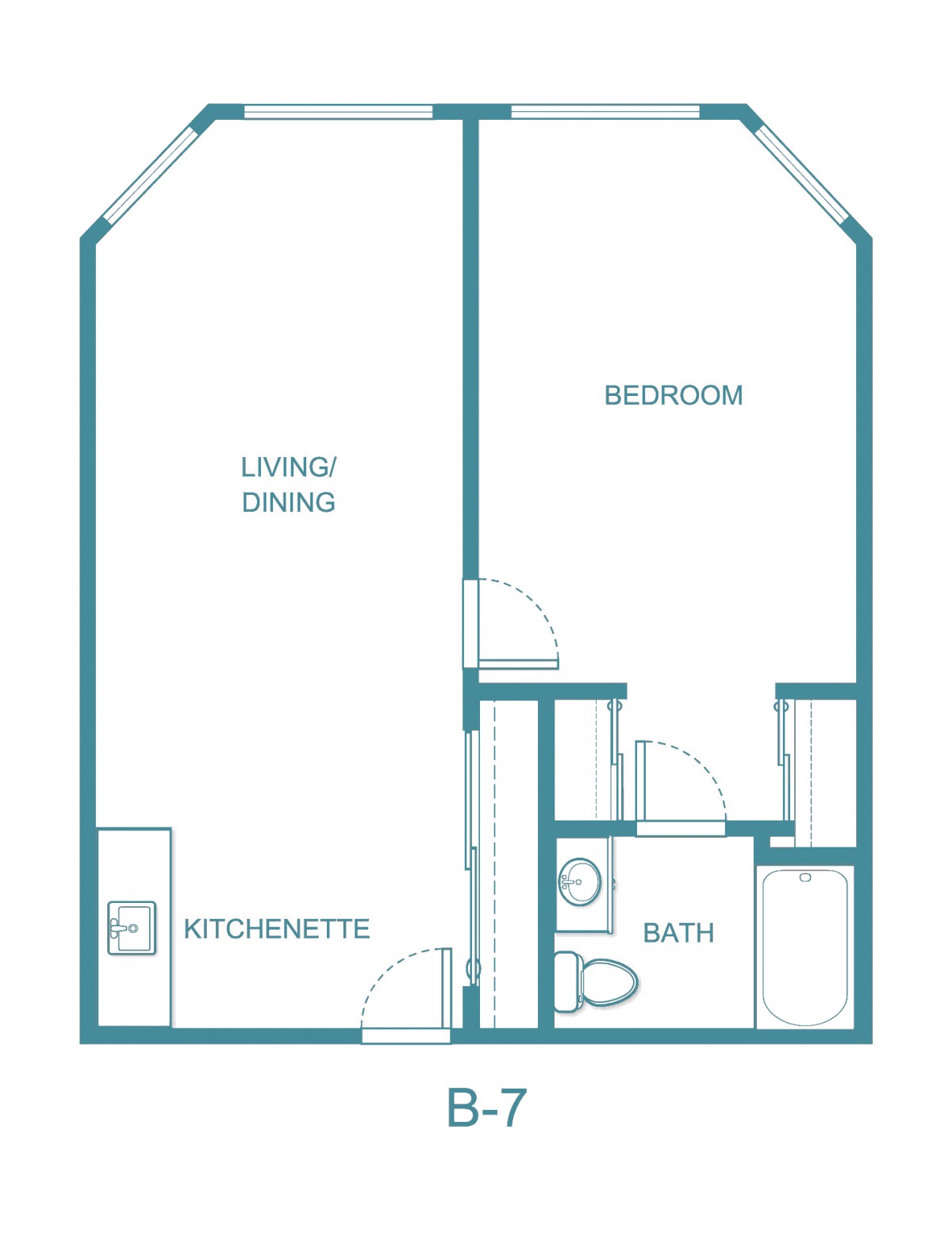Simple one-bedroom apartment floor plan with kitchenette and bathroom.