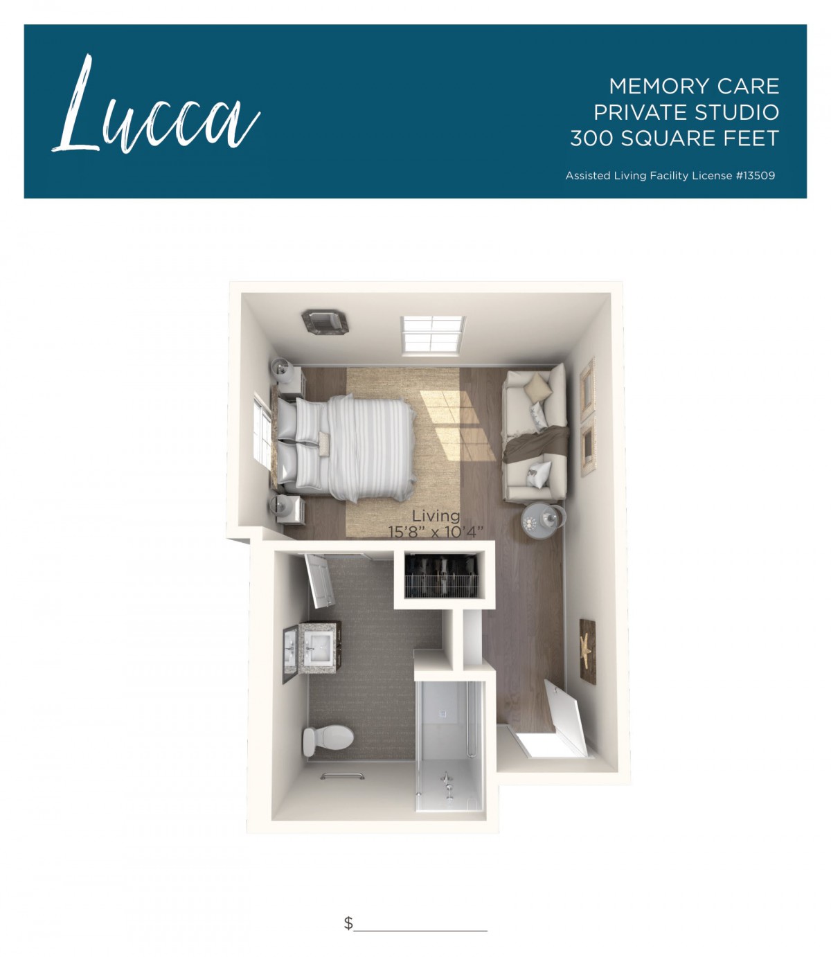 A 3D floor plan of a memory care private studio covering 360 square feet, showcasing a bedroom and bathroom layout.