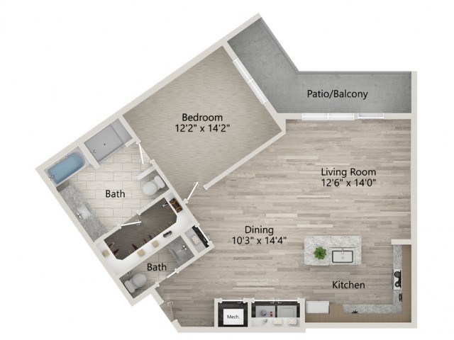 An apartment floor plan showing the layout of various rooms, including a bedroom, living room, kitchen, bathroom, and patio/balcony.