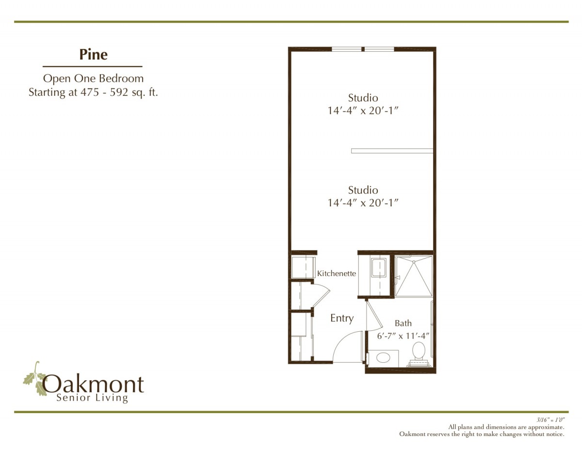 Studio apartment floor plan showing room dimensions and layout.