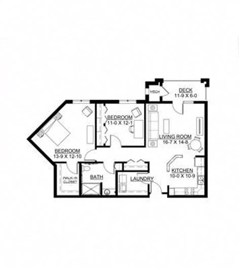 A floor plan of a two-bedroom apartment with a living room, kitchen, bathroom, and deck.