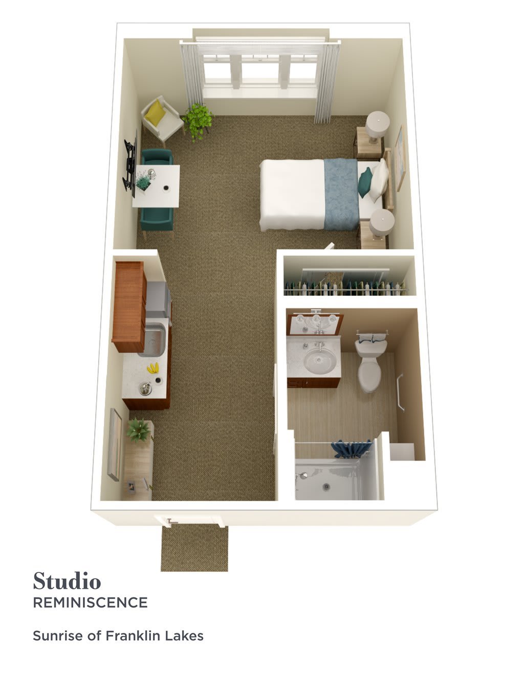 A 3D floor plan of a studio apartment featuring a living area, kitchen, and bathroom.