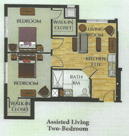 Floor plan of a two-bedroom assisted living apartment with separate sleeping areas, a shared living room, kitchenette, bathroom, and walk-in closets.