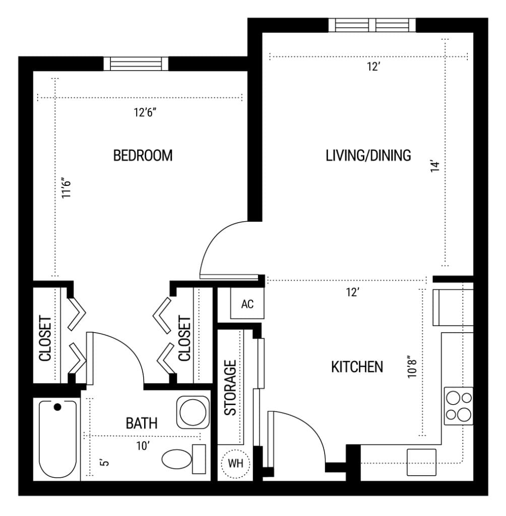 A simple floor plan of a one-bedroom apartment with labeled rooms including a living room, kitchen, bedroom, bath, closet, entry, and storage.