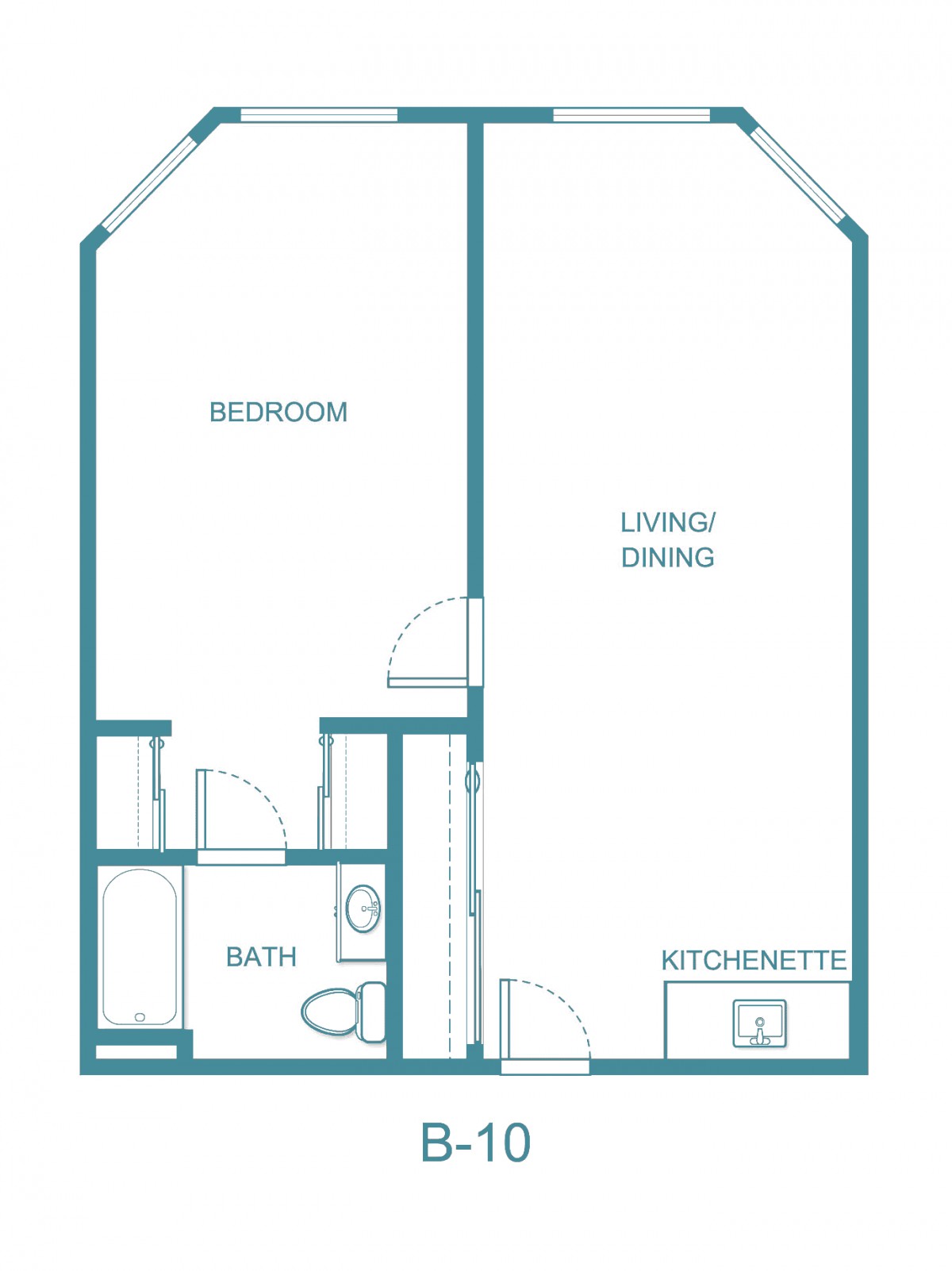A simple floor plan of a one-bedroom apartment featuring a living/dining area, kitchenette, bathroom, and bedroom.