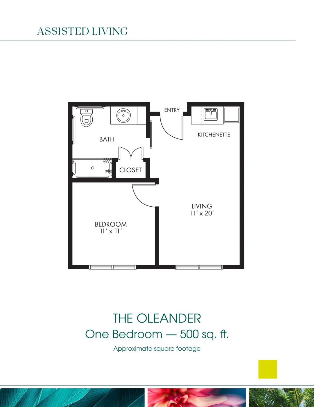 The Oleander: A one-bedroom apartment floor plan measuring 500 square feet.
