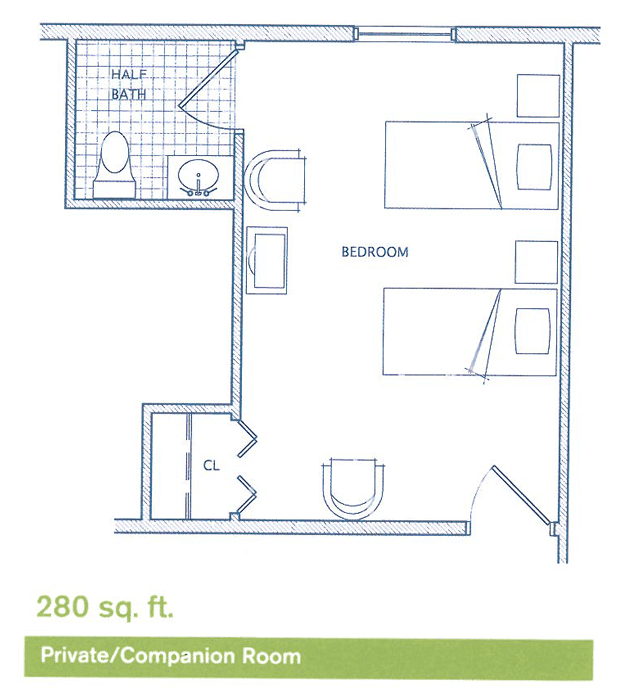 Floor plan of a 280 sq. ft. private/companion room with a bedroom and bathroom.