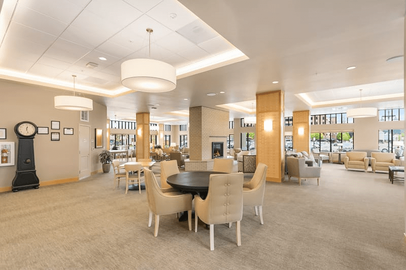 A spacious and modern lobby with comfortable seating and elegant lighting.