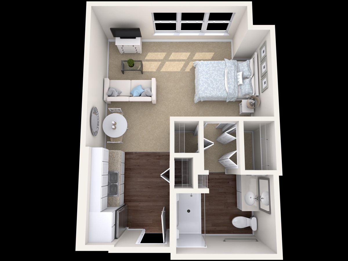 3D floor plan of a studio apartment with bedroom, kitchen, and bathroom areas.