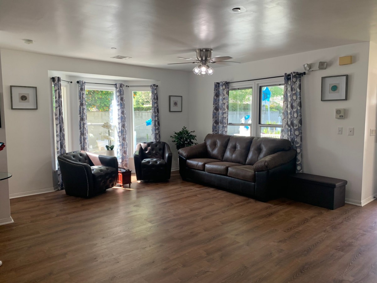 A spacious living room with a large sofa, armchair, and natural light streaming through the windows.