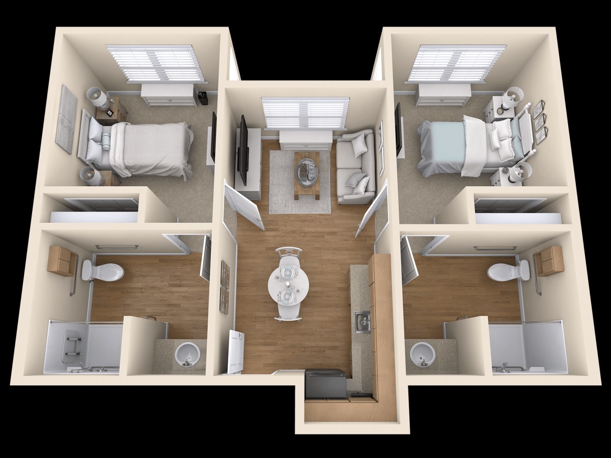 A 3D rendered floor plan of a two-bedroom apartment with two bathrooms and a central living area.