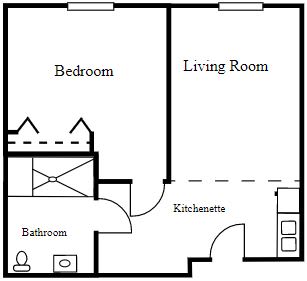 A simple floor plan featuring a bedroom, living room, bathroom, and kitchenette.