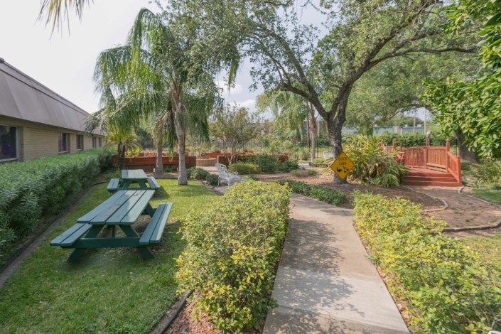 A tranquil garden with a picnic bench, surrounded by lush greenery and a pathway leading through the landscape.