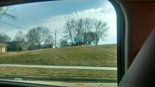 A view of a grassy hillside with trees and a billboard under a cloudy sky.