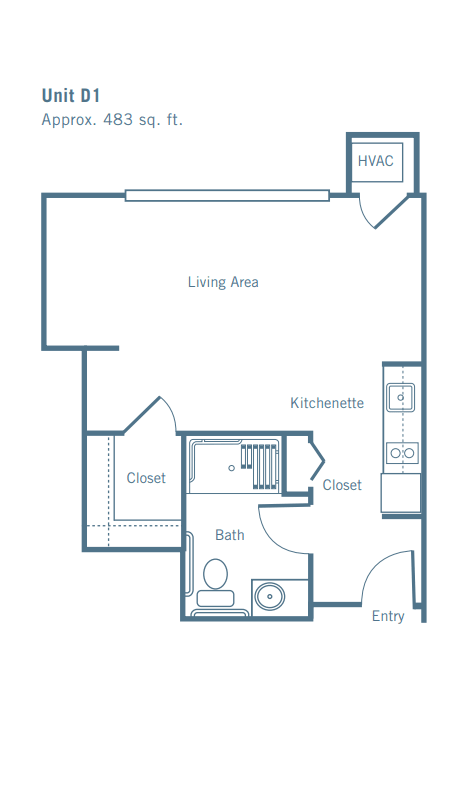 A floor plan of a studio apartment featuring a living area, kitchenettes, bathroom, and closets.