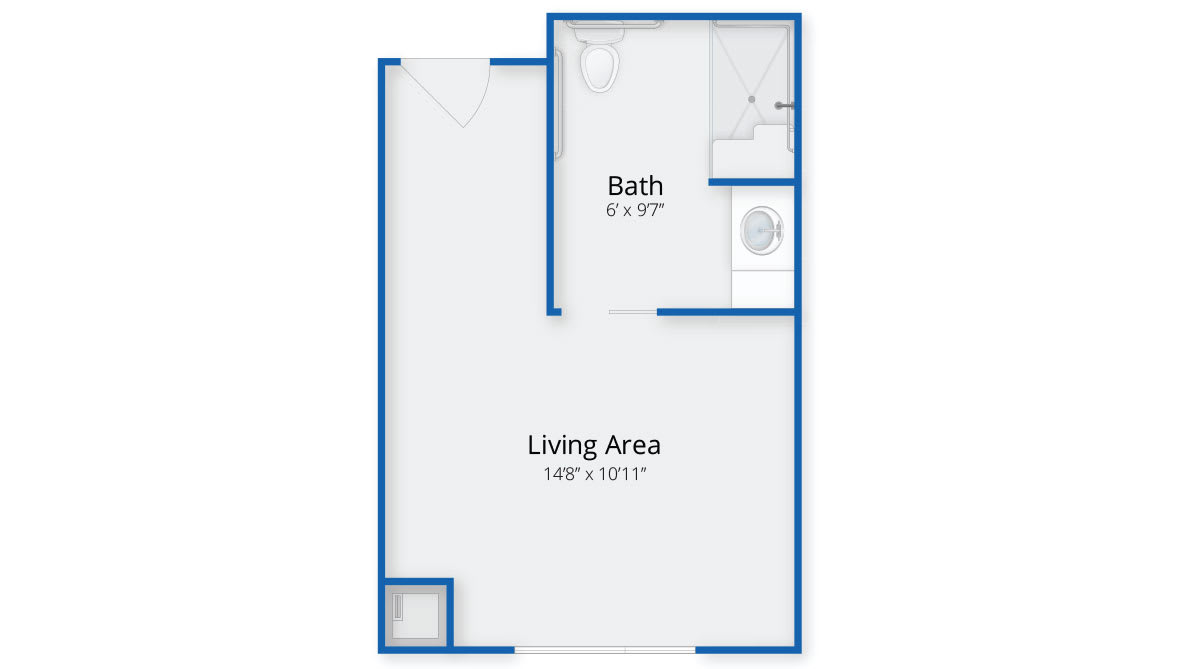 Studio apartment floor plan with a living area and bathroom.