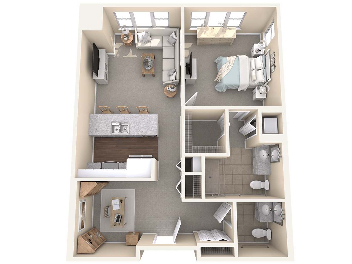 A detailed floor plan of a modern one-bedroom apartment, featuring a kitchen, living room, bedroom, and bathroom.