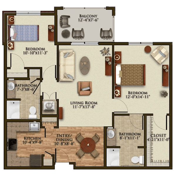 A floor plan of a two-bedroom apartment featuring a living room, kitchen, dining area, and two bathrooms.