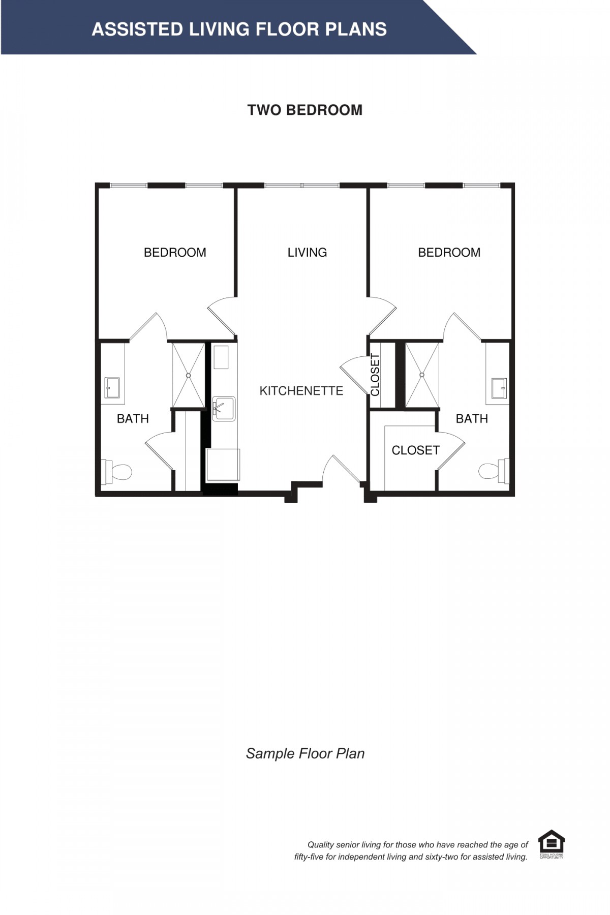 Sample floor plan of a two-bedroom apartment with a central living room and two bathrooms.