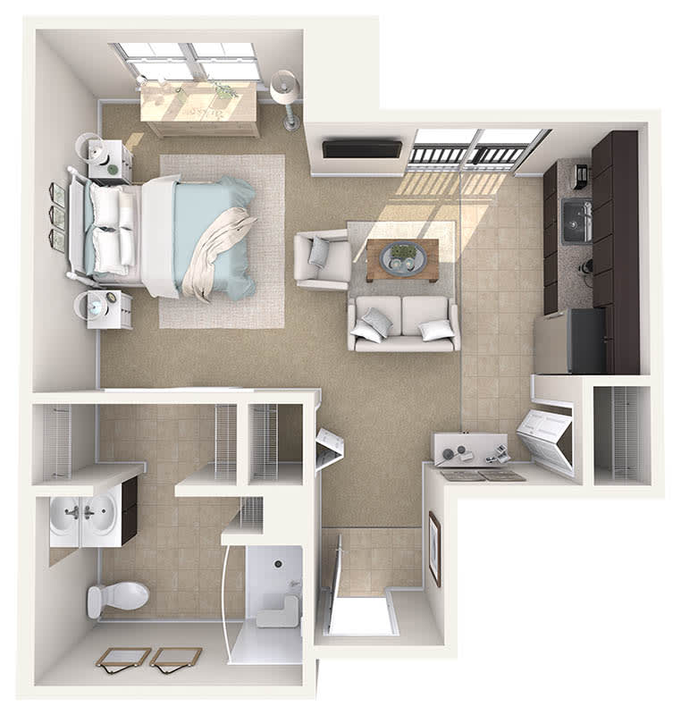 This is a 3D floor plan of an apartment featuring a bedroom, living room, kitchen, and bathroom.