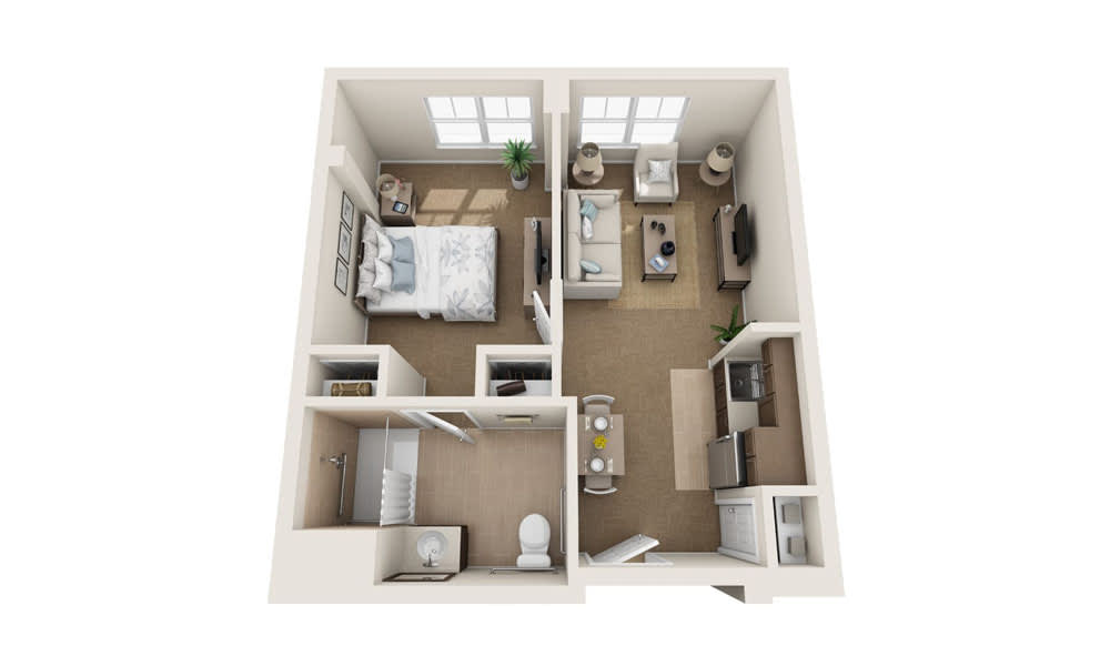 A detailed floor plan of a one-bedroom apartment featuring a living room, kitchen, and bathroom.