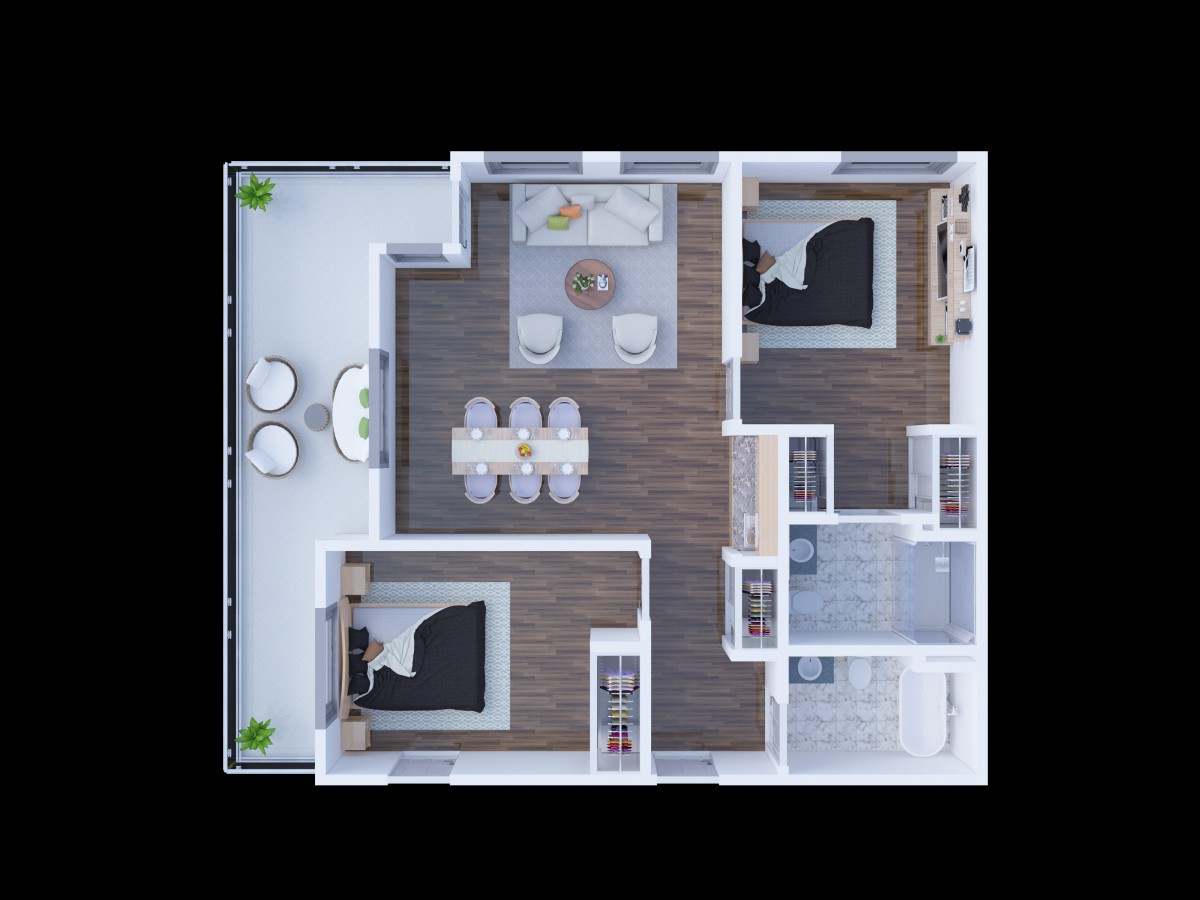 Modern apartment floor plan with two bedrooms, a living room, kitchen, dining area, and balcony.