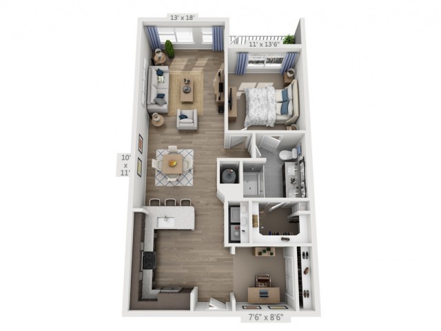 A modern 1-bedroom apartment floor plan with an open kitchen and living area.